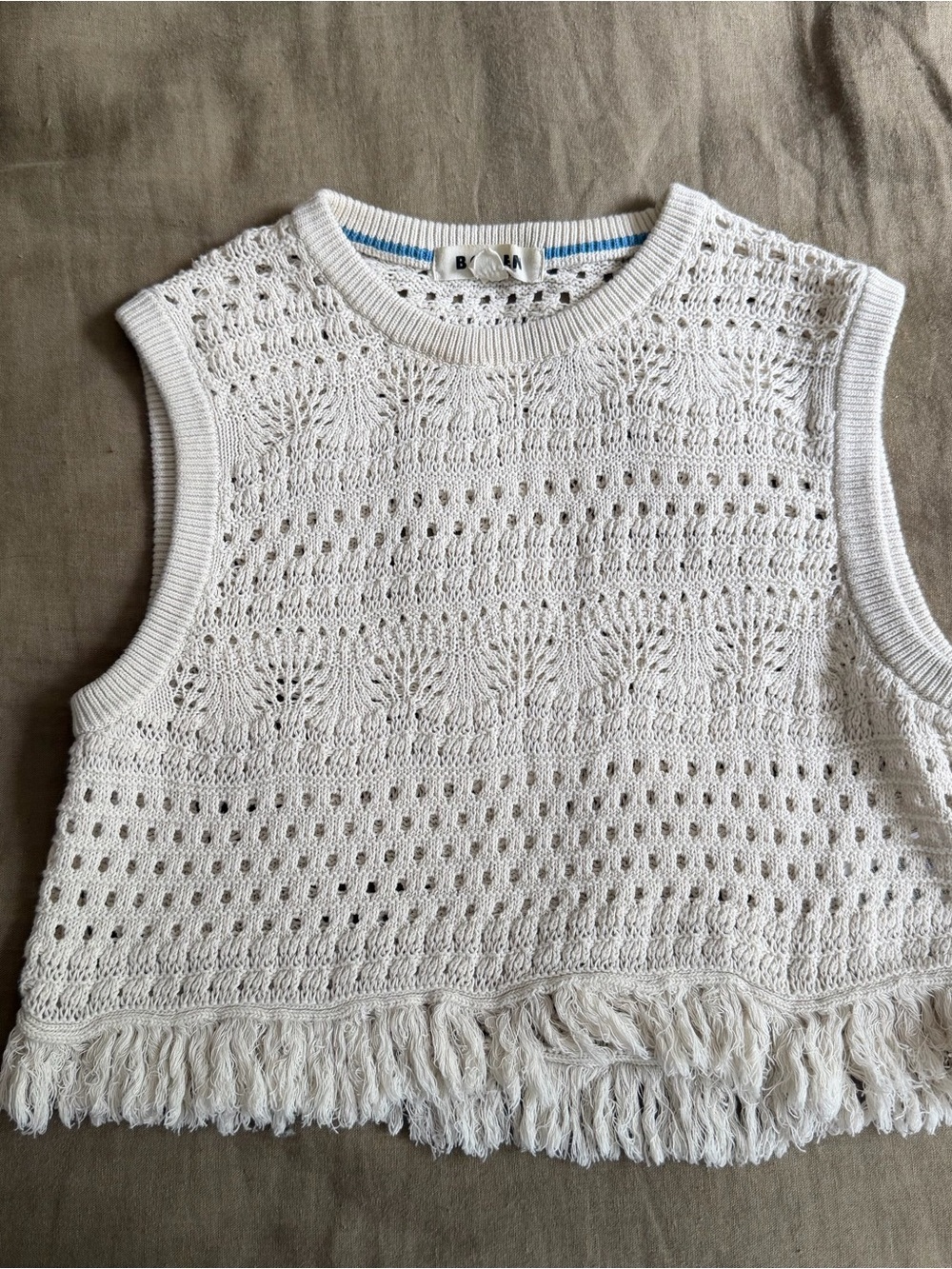 Boden Cream Crochet Knit Sleeveless Top with Fringe
